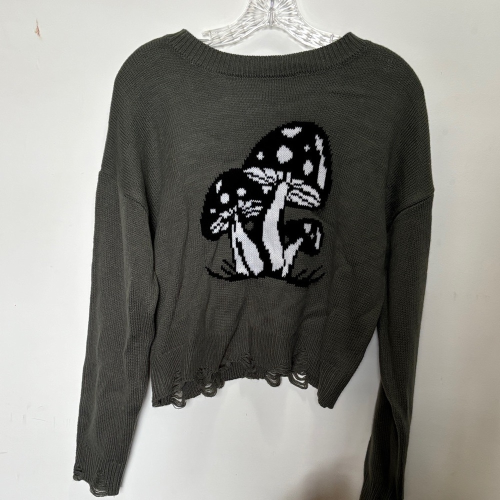 Mushroom Graphic Olive Sweater